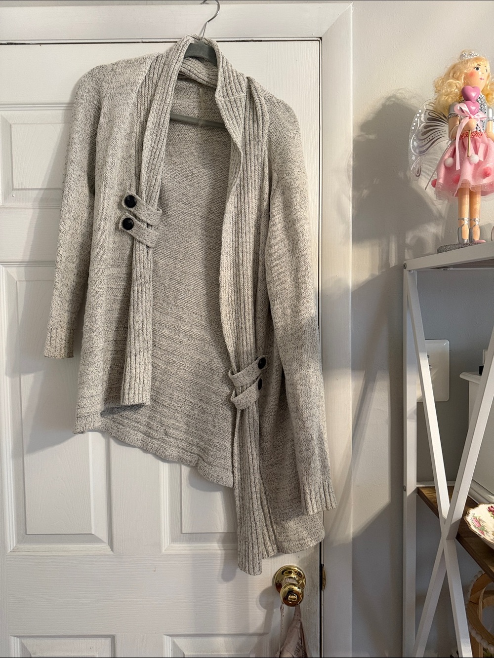 Grey Knit Open-Front Women's Sweater Cardigan with button detail